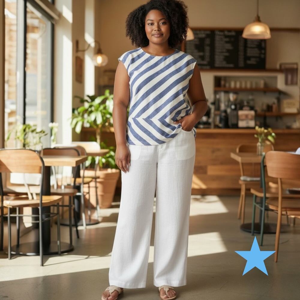 Talbots Linen Sleeveless Peplum Blouse Top Linen Blue Stripe 16 18 2X Plus
